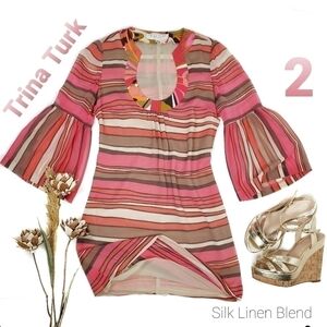 Trina Turk Sheer Pink Bell Sleeve Striped Boho Dress 2